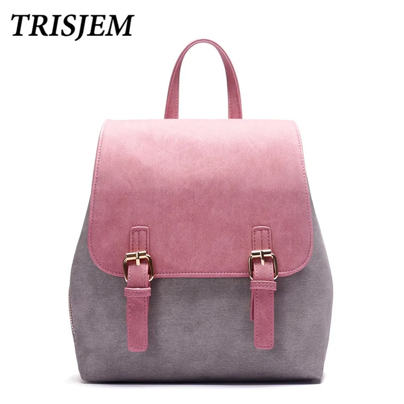 

TRISJEM Autumn Winter New Patchwork Backpack Double Pin Buckle Side Zipper Lightweight Pink Grey Pu Leather Travel Daypack Retro