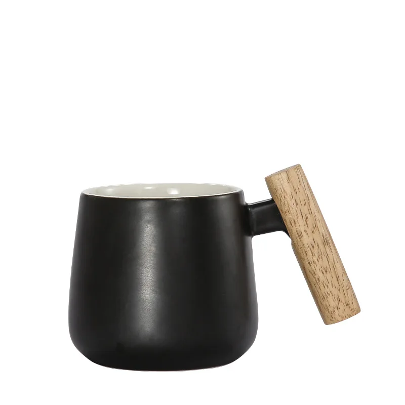 Nordic Style Black White Fat Body Coffee Mug with Wooden Handle and Spoon Modern