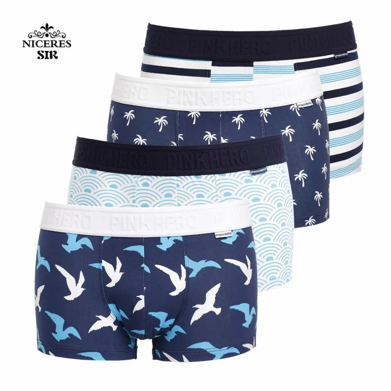 

PINK HEROES 4 Pcs/Lot Men Underwear Boxers Ocean Wind Print Cotton Men Boxer Underwear Sexy Striped Brand Mens Shorts Panties