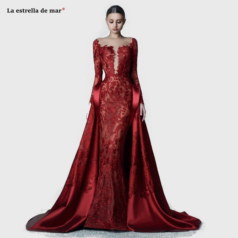 Халат de soiree2019 Новое Кружевное с длинным рукавом сексуальное Русалка бордовое вечернее платье длинное турецкое abendkleider на заказ