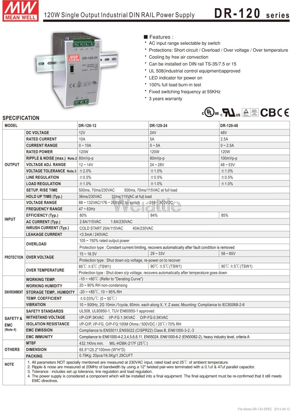 12V 24V 48V MEAN WELL 2.5A 5A 10A 12V 120W одиночный выход промышленный din-рейку источник питания DR-120-12 DR-120-24 DR-120-48