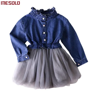 

New 2018 Spring Autumn Baby Girl Dress Denim Mesh Patchwork Princess Girl Dress Long Sleeve Toddler Kids Dresses for Girls