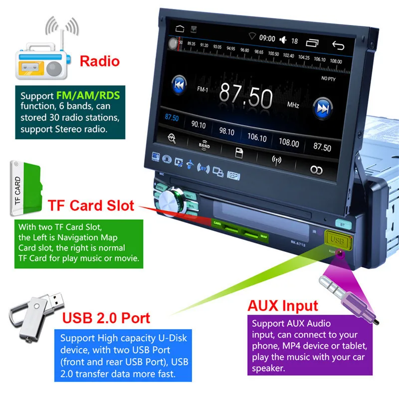 Discount Automatic Retractable Screen 7 Inch Android 6.0 Car MP5 Player GPS Navigation WiFi AM FM RDS Radio Function with Rear camera 2