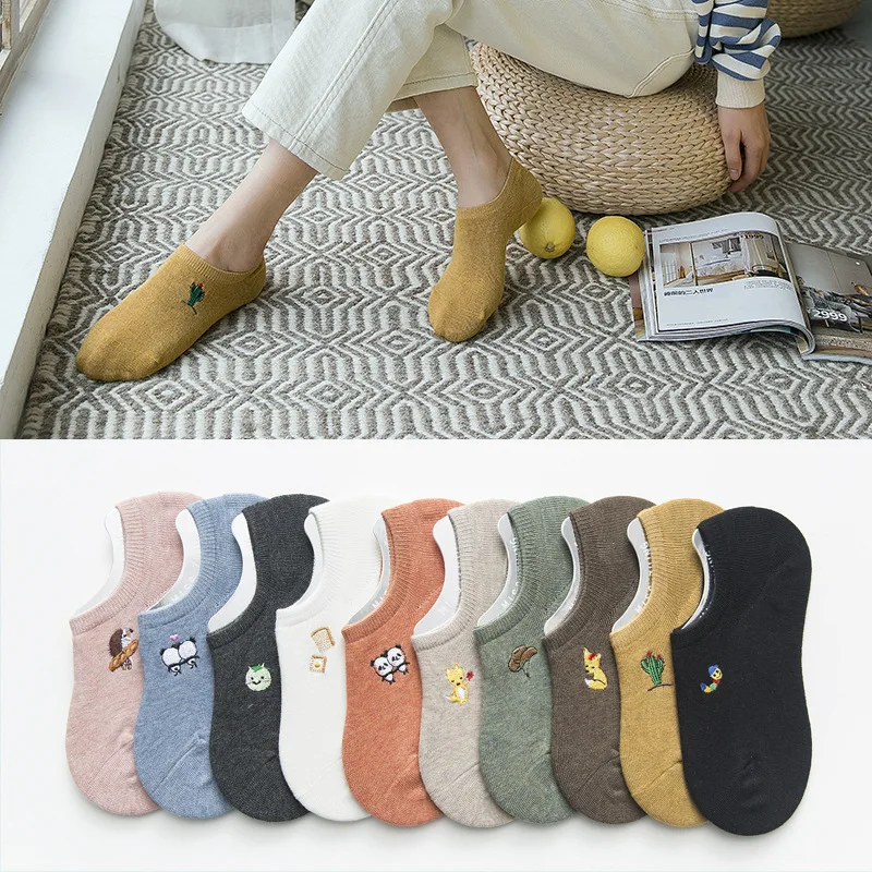 

Women Socks 2019 New Fashion Spring 5pair Short Style Cotton Solid Cute Print Invisible Cartoon Woman Fashion Ankle Socks Women