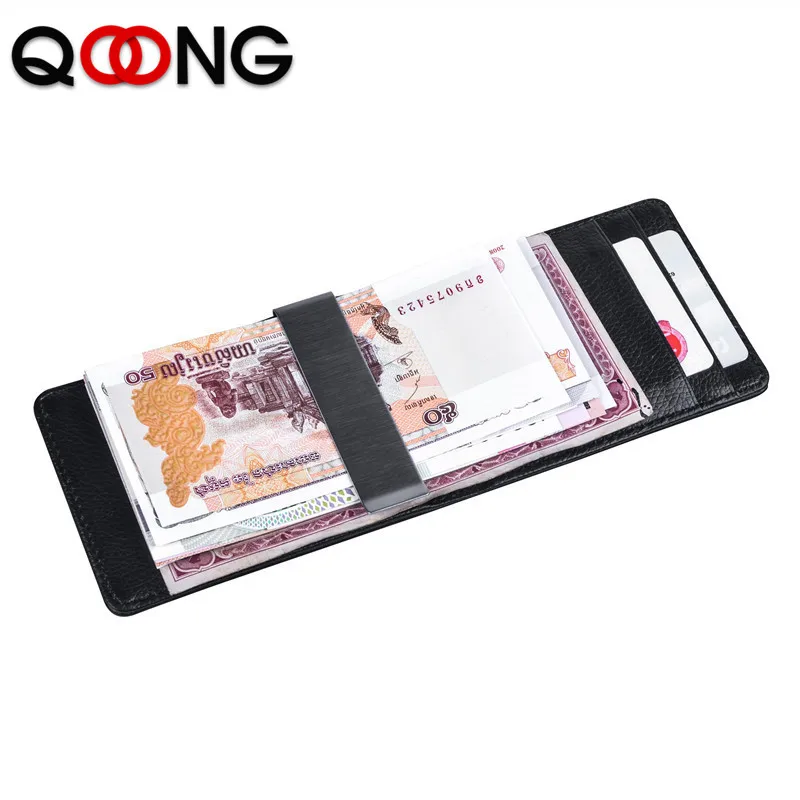 

QOONG Top Genuine Leather Card Holder Wallet Men Brand Business ID Credit Card Case Fashion Cow Leather Card Purse With Clip
