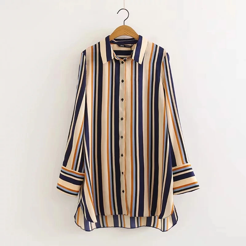 

Turn-down Collar Color Stripe Women Shirt Casual Long sleeve Blouses Loose Tops Fashion Feminina Chemise S5236