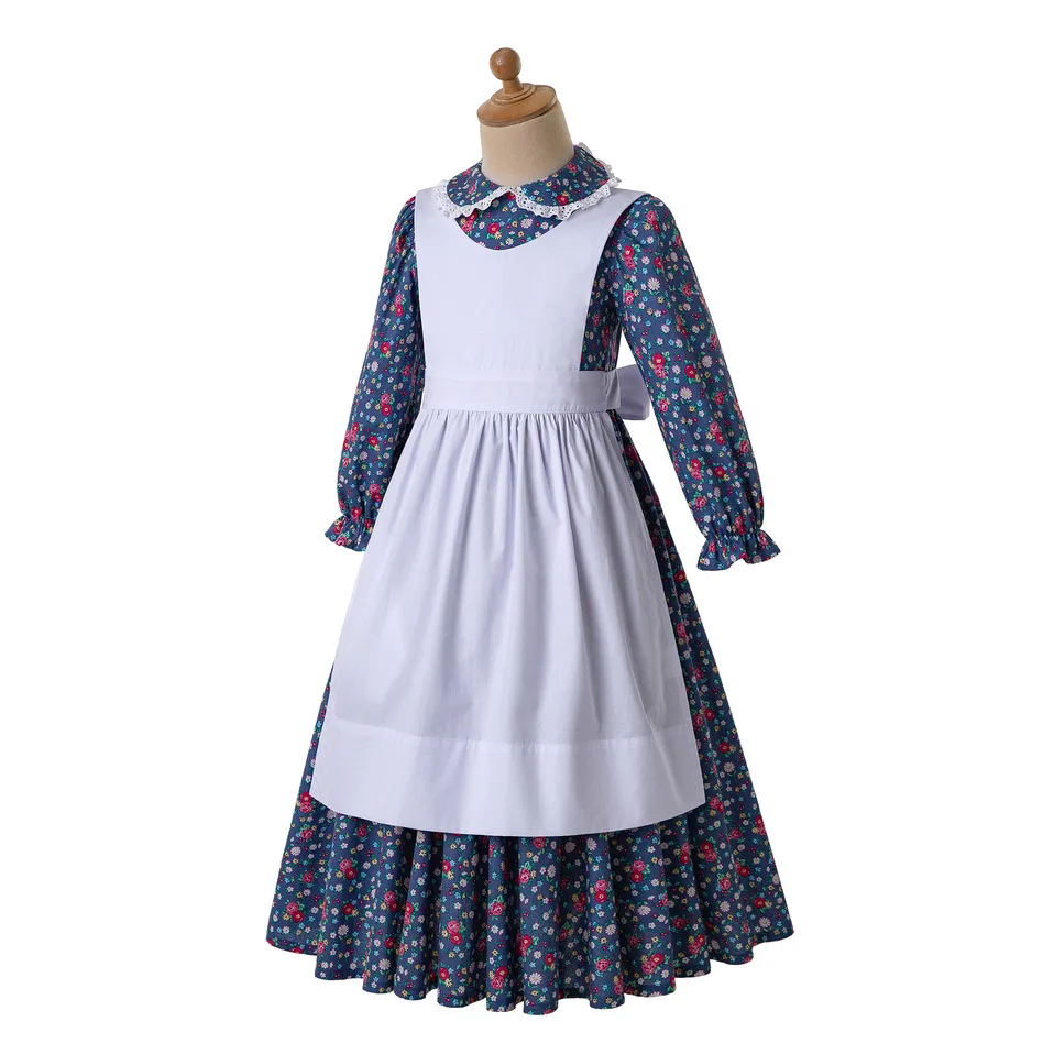 Платье макси с цветочным принтом для девочек с белым фартуком в русском стиле; Детские костюмы; длинные праздничные платья