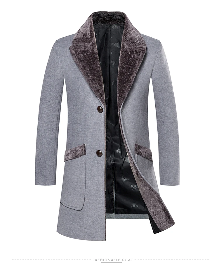 AILOOGE поступление, зимнее мужское длинное шерстяное пальто с меховым воротником, теплые шерстяные пальто, мужские однотонные тонкие повседневные ветровки