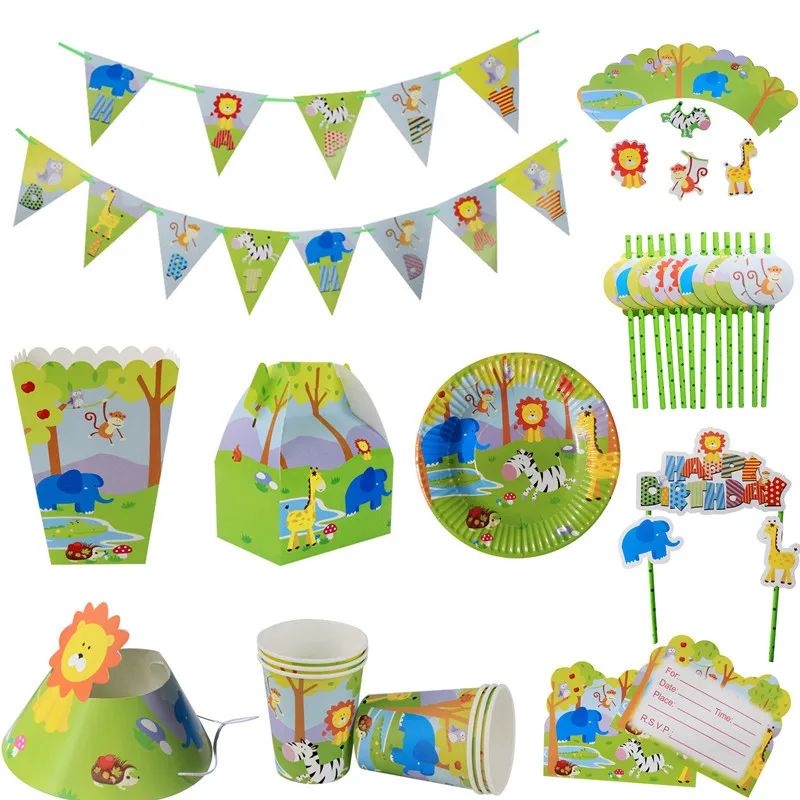 

Jungle Animal Theme Party Supplies Disposable Tableware Paper Cup Plate Balloons Baby Shower Kids Birthday Party Decoration CY01