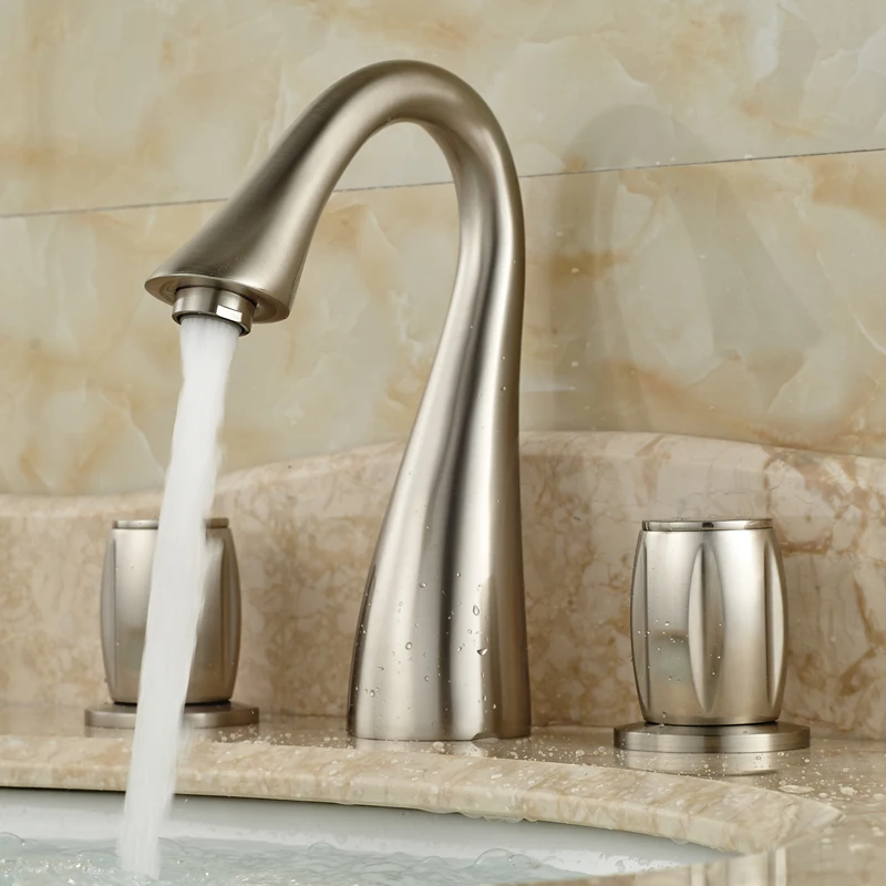 Modern Goose Neck Basin Faucet Brushed Nickel Double Handles Bathroom Mixer Taps Deck Mount