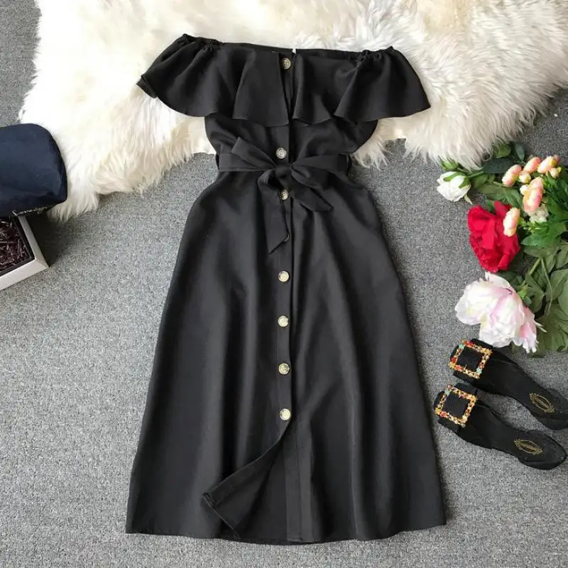 Женское платье без бретелек с воротником лодочкой и пуговицами спереди|Платья| |