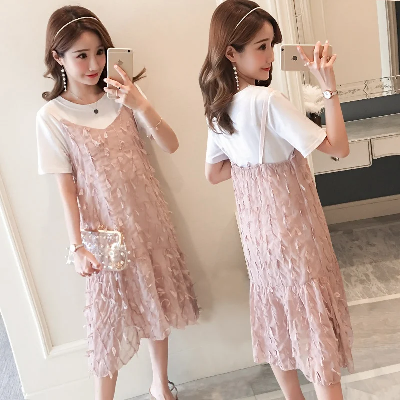

Korean fashion pregnant women suit new pregnant women chiffon strap dress two-piece pregnancy dress