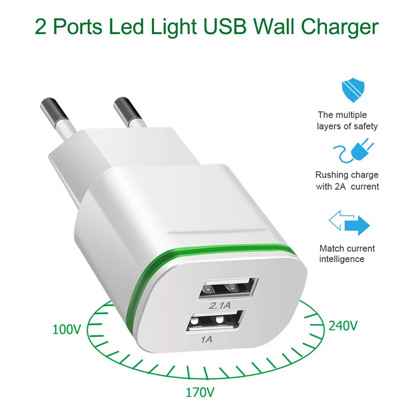 Crouch-EU-Plug-2-Ports-LED-Light-USB-Charger-Cable-5V-2A-Wall-Adapter-Mobile-Phone