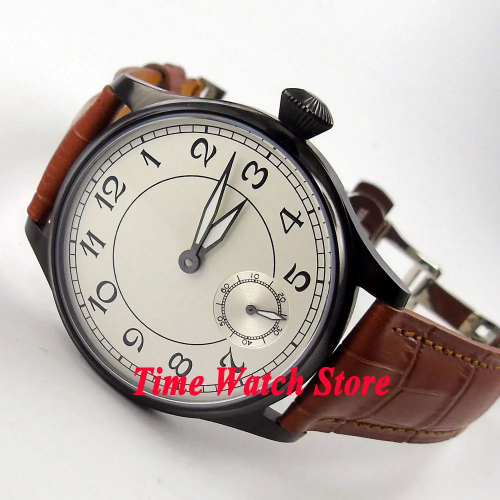 

Parnis 44mm white dial luminous PVD case deployant clasp 6498 hand winding movement Men's watch 288B