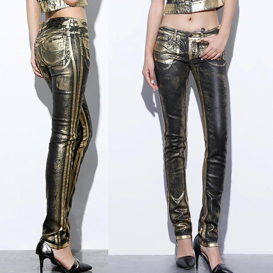 

Summer Fall Fashion Womens Hot Stamping Gold Printed Skinny Denim Pencil Pants , Slim Fit Casual Female Women Jeans Trousers