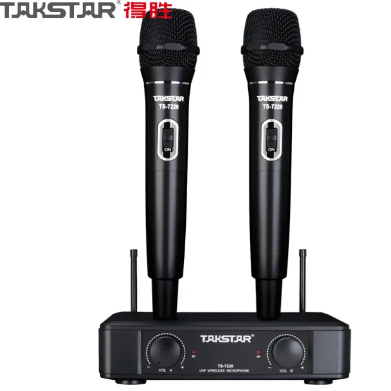 

Takstar TS-7220 black color UHF Wireless Dual Handheld Microphone system for home karaoke stage performance and meeting speech