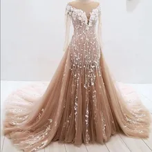 Шампанское Vestido De Noiva мусульманское свадебное платье Русалка с длинными рукавами тюль кружева Дубай арабское свадебное платье свадебные платья