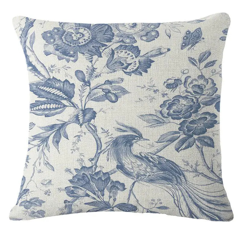 Chinese Style Vintage Blue Flowers Series Cushion Cover Cotton Linen Throw Pillow Case for Home Bedroom Decoration Pillowcase