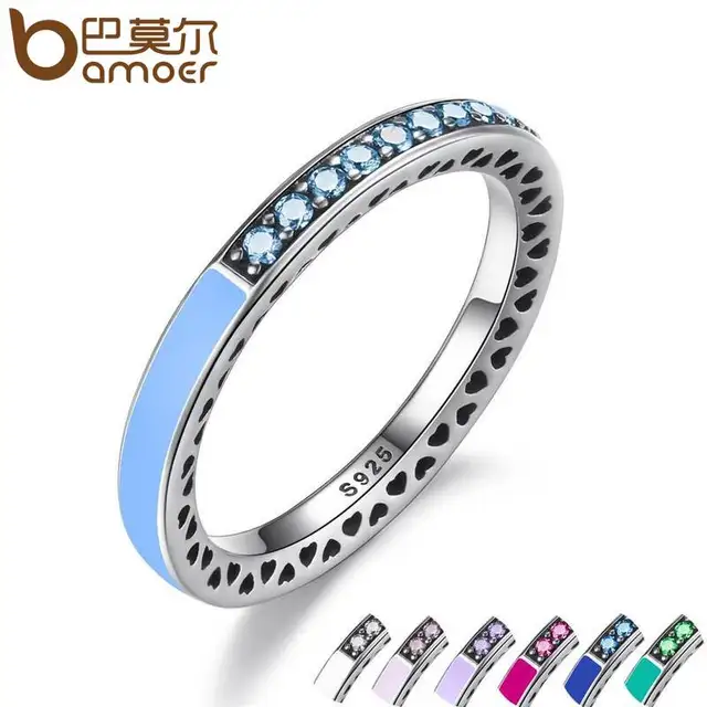 BAMOER 925 Sterling Engagement Silver Radiant Hearts Ring Air Blue Enamel & Sky BAMOER 925 Sterling Engagement Silver Radiant Hearts Ring Air Blue Enamel & Sky