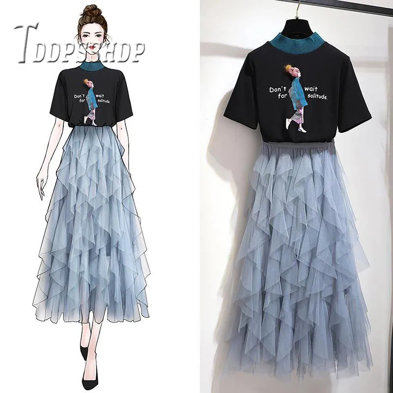 

2019 Summer Women Sets T Shirt and Layer Ruffles Skirts Female Sets