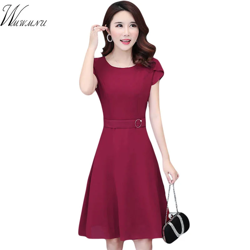 

Mom's Plus Size Chiffon Summer High Quality Slim fit Dresses Women 2019 Thin o Neck Fashion Solid Color Dress Clothing Vesditos