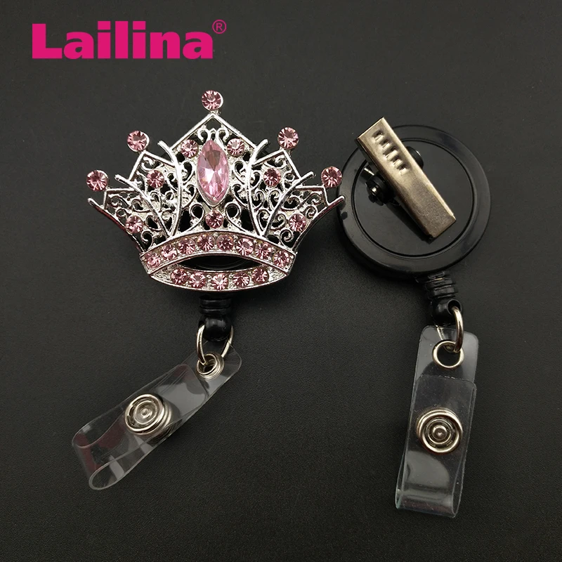 10pcs/lot Pink Rhinestone Crown Badge Reel Retractable Id Badge