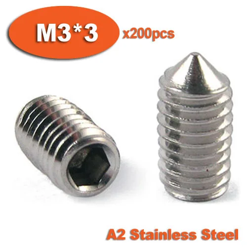 

200pcs DIN914 M3 x 3 A2 Stainless Steel Screw Cone Point Hexagon Hex Socket Set Screws