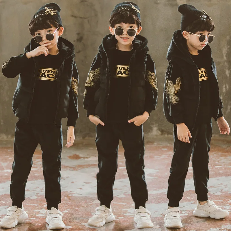 Осенние спортивные толстовки для мальчиков, комплект из 3 предметов(жилет с капюшоном+ толстовка с капюшоном+ длинные штаны), Модный зимний утепленный костюм с капюшоном с буквенным принтом