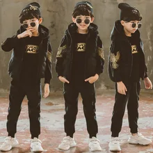 Осенние спортивные толстовки для мальчиков, комплект из 3 предметов(жилет с капюшоном+ толстовка с капюшоном+ длинные штаны), Модный зимний утепленный костюм с капюшоном с буквенным принтом