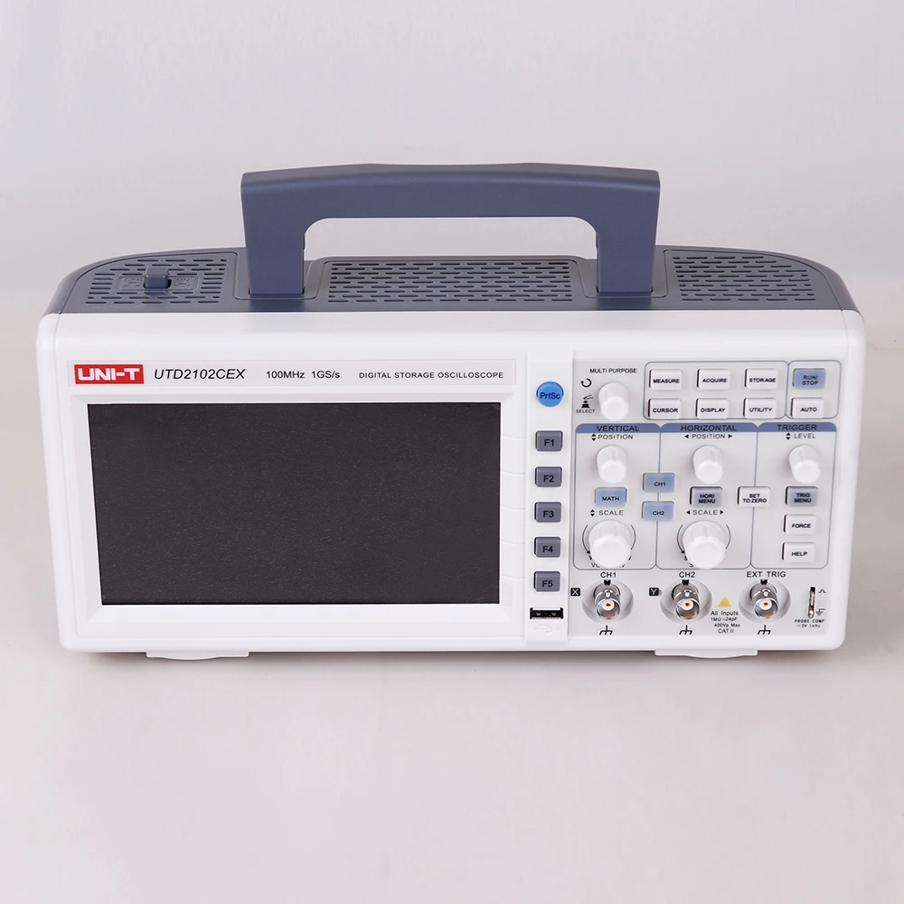 Оригинальный UNI T UTD2102CEX 100 МГц цифровой осциллограф с 7 дюймовым ЖК дисплеем 1GS/S 2
