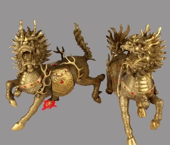 

9 China Folk Brass Copper Fengshui Unicorn kylin Kirin Foo Dog Lion Statue Pair