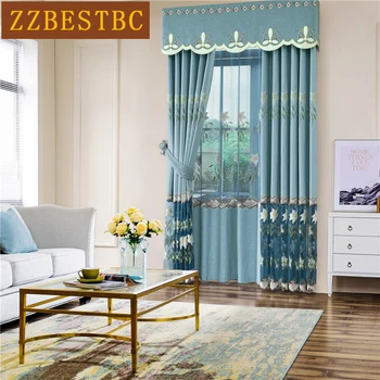 

European luxury blue embroidered living room floor curtains modern minimalist high quality curtain for bedroom hotel kitchen