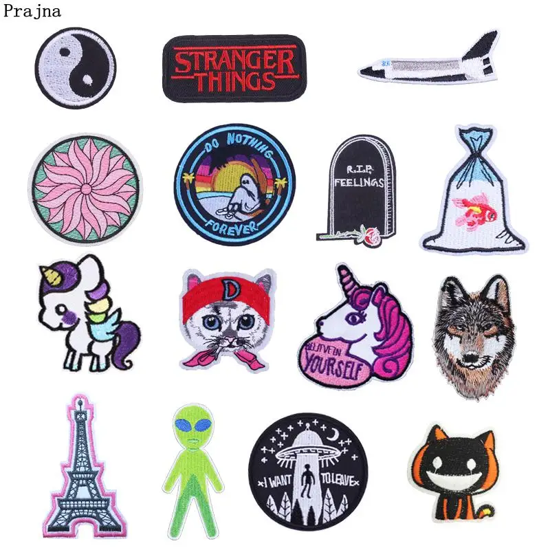 

Prajna Cartoon Iron On Patches UFO Patches Unicorn Patch Embroidery Stickers Skull Punk Stranger Patches For Clothing DIY Jeans