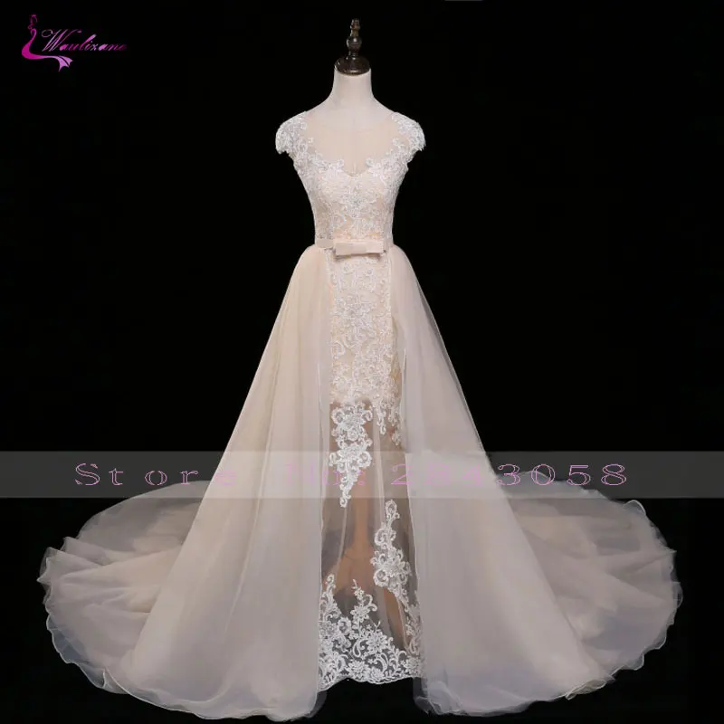 

Waulizane Charming Transparent 2 In 1 Design Sheath Wedding Dress Full Applique Button Scoop Neck 2019 Vestido De Noiva Hot Sale