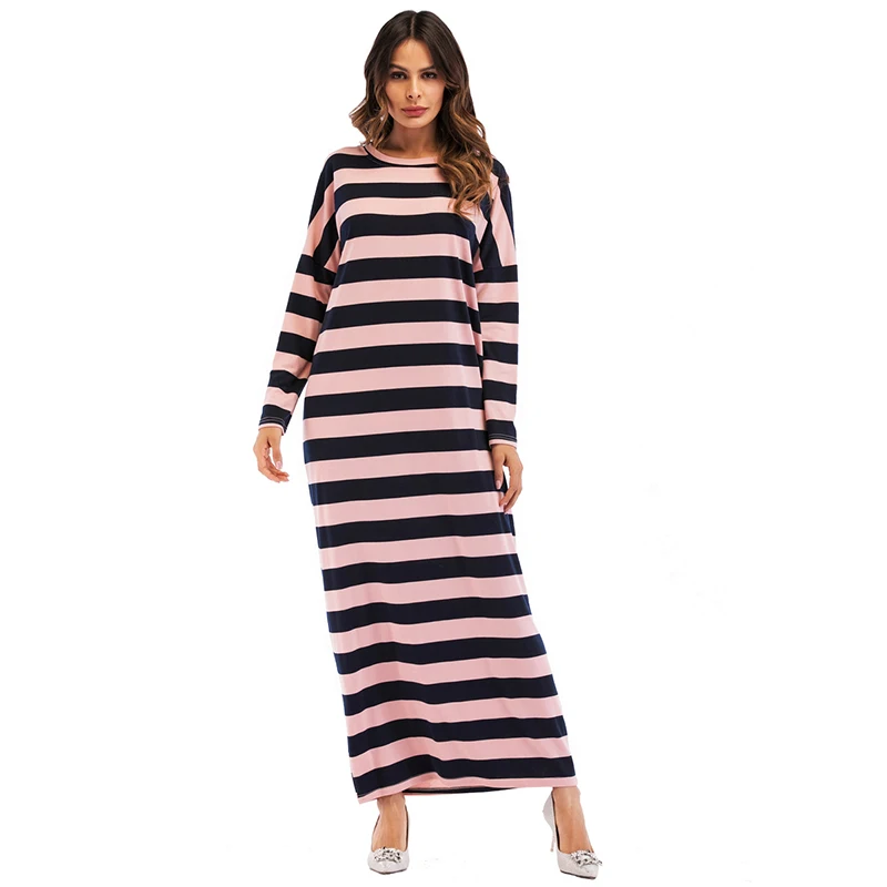 

Casual Muslim Abaya Striped Maxi Dress Cotton Skirt Kimono Loose Long Robe Gowns Jubah Ramadan Middle East Arab Islamic Clothing