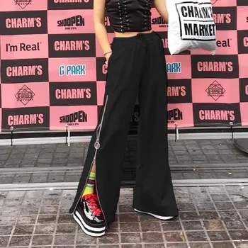 Sexy Trousers Women Lady Summer Sexy Wide Leg Palazzo Cut Long Pants slit Zipper Black Pants