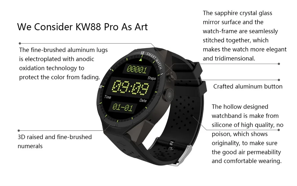 KW88 PRO Smart Watch 1,39 дюймов MTK6580 Android 7,0 gps+ WI-FI+ 1 Гб+ 16 Гб Смарт часы 460 мА/ч, 2,0 мега пикселей, отображающие сердцебиение