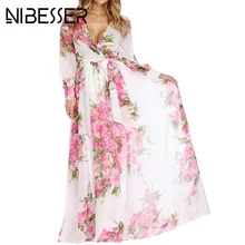 

NIBESSER V-Neck Dress Women Long Sleeve Bohemia Beach Party Floral Printed Long Dress Casual Runway Maxi Dresses Plus Size 3XL