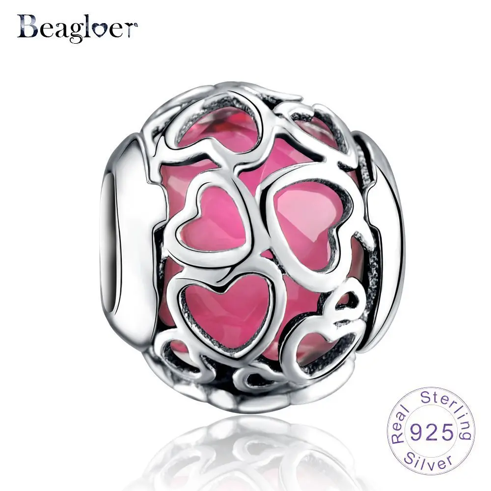 Beagloer 925 пробы серебро любви сердце Шарм Cerise хрустальные подвески подходят