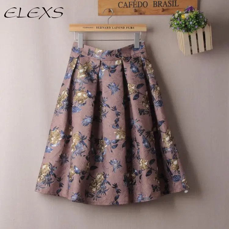 

ELEXS 2017 Autumn Winter Midi Skirt Women Vintage Floral Print A Line Skirt Pleated Skirt Faldas Mujer E7810