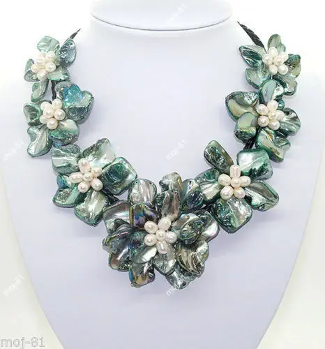 

Stunning Handmade Freshwater Pearl Sea Shell Flower Leather Necklace 18"- Green @^Noble style Natural Fine jewe FREE SHIPPING