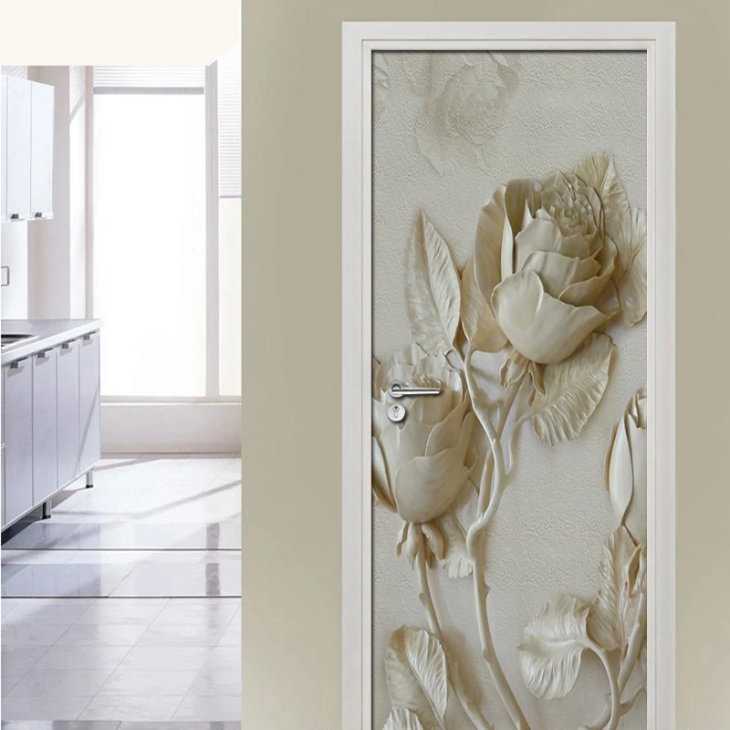 

3D Gold Embossed Rose Bird Door Stickers Murals PVC Self-adhesive Waterproof Wallpaper Modern Living Room Bedroom Decoration