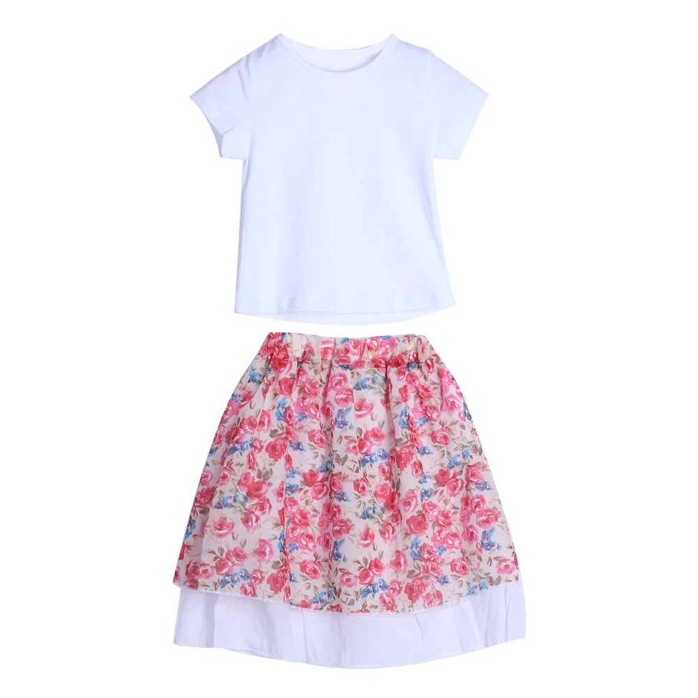

Kids Children Girls Short Sleeve T-shirt Tops Floral Dress Outfit Set European Style Spring Summer Cotton Tops Dress Set FCI#