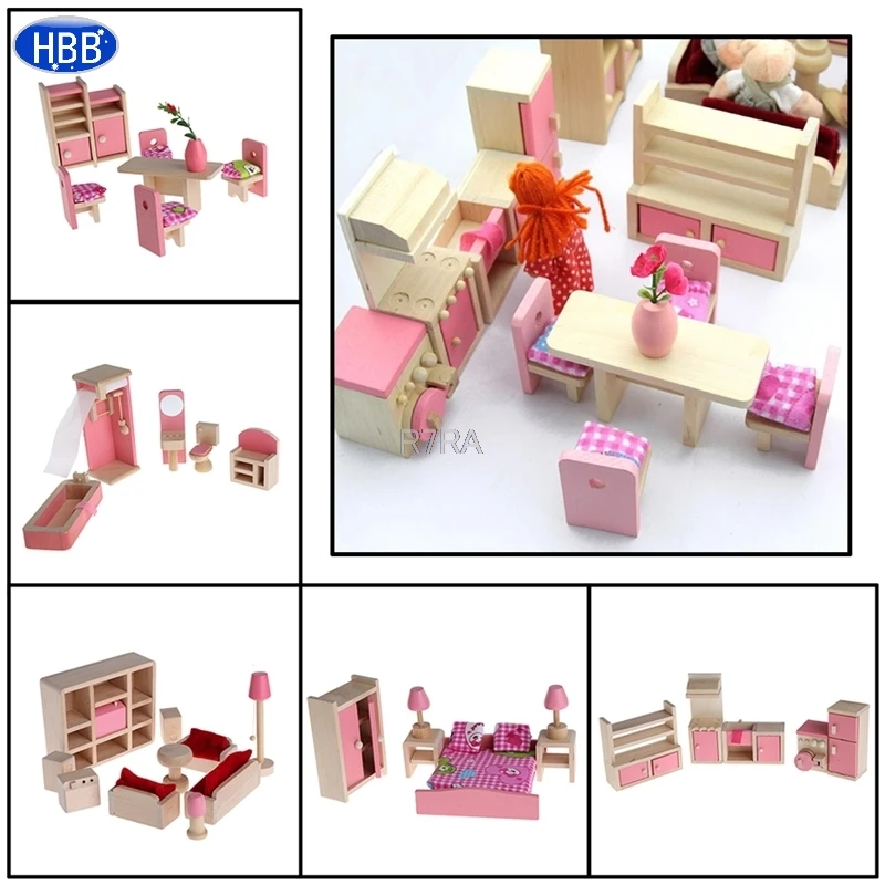 Wooden Furniture Dolls House Miniature 5 Room Set Doll For Christmas Gifts Kid Pretend Play Wooden Furniture Dolls House Miniature 5 Room Set Doll For Christmas Gifts Kid Pretend Play