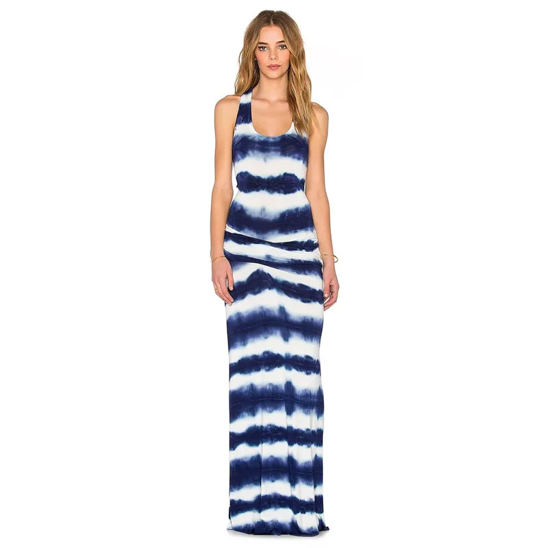 

2018 summer striped printing long dress sexy sleeveless Low bosom casual dresses milk silk loose beach dress