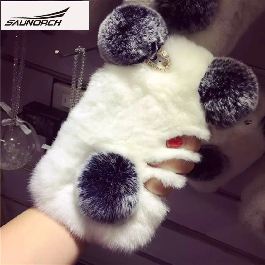  For iPhone4/5/SE/6S/6Plus Luxury Top  Rex Rabbit Fur Panda Bear Ear Tail Fur Ball Plush Furry Case For Samsung S3/4/5/6/7 