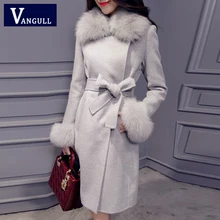 Повседневная модная зимняя новая стильная женская одежда, утепленное хлопковое шерстяное пальто с меховым воротником и поясом, шерстяные длинные однотонные куртки