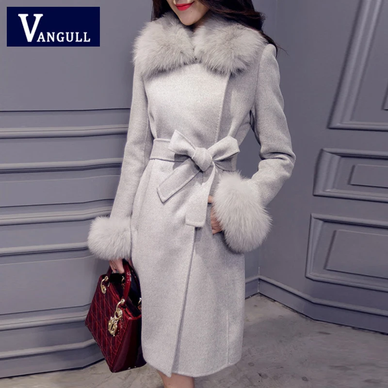 

Casual fashion Winter new Style Women's Clothing thickening plus cotton wool coat Fur collar waistband Woolen long solid Jackets