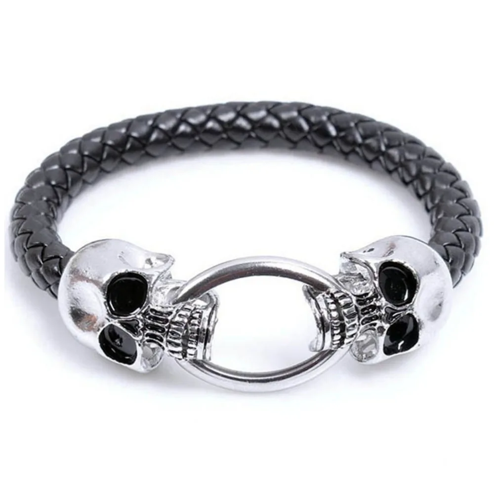 

Men's Jewelry Double Skull Head Bracelets Animal Genuine Leather Bracelet Homme Imitation Titanium Steel Cuff Bracelet Wristband