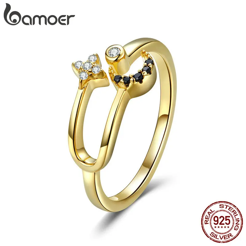 

BAMOER Real Gold Color Ring 925 Sterling Silver Design Moon and Star Finger Rings fit for Size 5 6 7 8 Big Size Ring GAR020